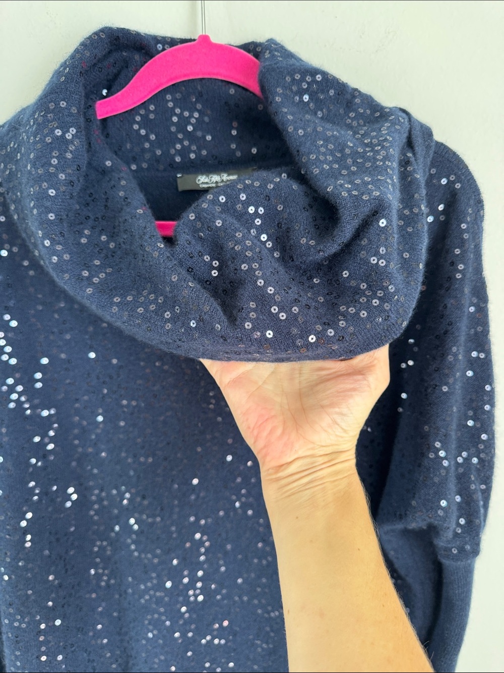 Saks Fifth Avenue Cashmere Sequin Cowl Neck Sweater Navy Blue Size M - Picture 4 of 8